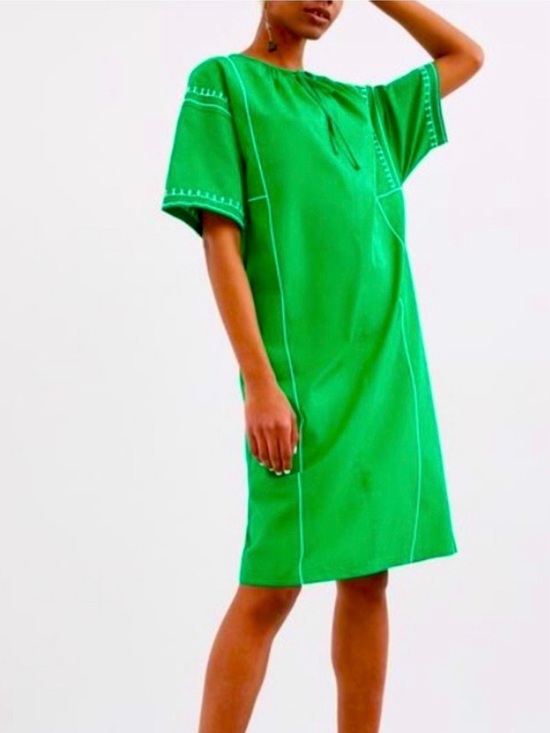 Zara Dresses & Skirts - Zara Green Boho Tunic Dress with White Embroidery and Neck Tie Size Small